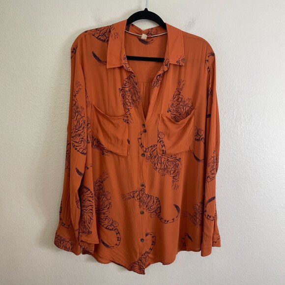 Pilcro Womens XL Rust Orange Tiger Print Button Up Blouse Long Sleeve Shirt - Picture 8 of 13
